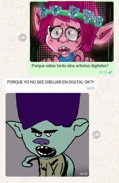 an animated troll with pink hair and glasses on it's face, next to the caption that reads porque o desas tanos artes antistas digitales?