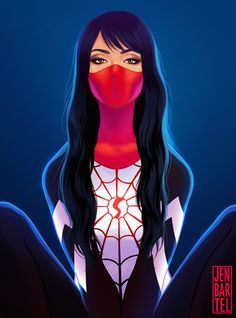 a woman with long black hair wearing a red mask and spider - man body suit