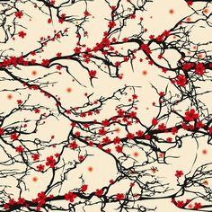 red flowers are on the branches of a tree in front of a beige background with black and