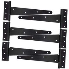 four black metal brackets with holes on each side and one in the middle, all facing different directions