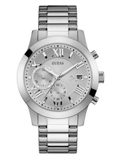 This water-resistant watch features a polished silver-tone steel bracelet for an edge-driven look with masterful performance. Includes stopwatch and date functions. Case dimensions in mm: 44.5/44.5/12 (height, width, depth)  Water resistant up to 50M/165FT  2 Year Limited Warranty Guess Watch, Silver Pocket Watch, G Shock Watches, Seiko Watches, Classic Watches, Beautiful Watches, Stainless Steel Watch, Silver Man, Watch Brands