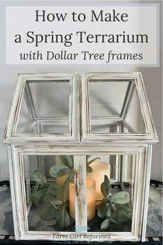 an old window is turned into a candle holder for a spring terrarium with dollar tree frames