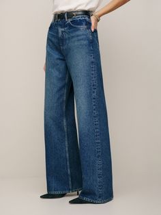 Tell your legs. The Cary is a high rise, loose fitting wide leg jean with a full length inseam and zip fly closure. High Rise Wide Leg Jeans, Stretch Denim Fabric, Jean Large, Leather Blazer, Wide Leg Denim, Outerwear Sweater, New Tops, Casual Denim, Denim Fabric