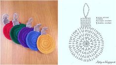 four crocheted ornaments are shown next to each other on a wooden table and in front of the same pattern