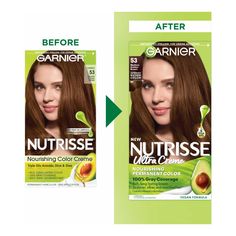 Garnier Nutrisse Ultra Crème Nourishing Permanent Color nourishes while delivering long-lasting hair color and 100% gray coverage. Garnier Nutrisse Nourishing Hair Color Creme, 53 Medium Golden Brown (Chestnut), 1 kit; Nourishing permanent color with five nourishing oils; avocado, olive, coconut, argan and shea 2x shinier, silkier and nourished hair vs uncolored, unwashed hair Rich, radiant, long-lasting hair dye with 100 percent gray coverage Nutrisse is available in over 70 cruelty free and ve Golden Brown Hair Dye, Ash Brown Hair Dye, Brown Sugar Hair, Garnier Hair Color, Hair Color Brown Chestnut, Almond Creme, Medium Ash Brown, Medium Golden Brown, Beautiful Highlights