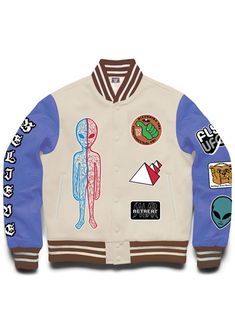 Believe Varsity Jacket - Coney Island Picnic Vibrant Style, Letterman Jacket, Faux Leather Jackets, Collar And Cuff, Graphic Hoodies, Snap Button, Varsity Jacket, Almond, Mens Jackets