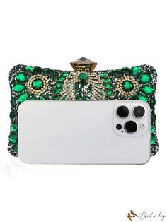 BirdinBag - Green Evening Clutch Bag with Glittery Chain and Rhinestone Embellishments Embellished Green Rectangular Shoulder Bag, Green Embellished Rectangular Shoulder Bag, Glamorous Green Clutch Bag, Embellished Green Evening Shoulder Bag, Green Embellished Evening Shoulder Bag, Green Embellished Bag For Events, Elegant Green Evening Bag With Rhinestones, Green Rhinestone Party Evening Bag, Glamorous Green Rectangular Clutch