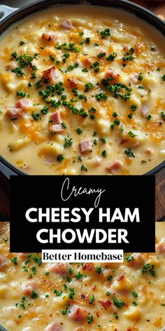 This Cheesy Ham Chowder is the ultimate comfort food for chilly days, combining the richness of cheese, savory ham, and tender potatoes into one delicious bowl.  With simple ingredients and easy-to-follow steps, you can create a hearty soup that will please the whole family. Ham Potato Cheddar Soup, Ham Cheddar Soup, Swiss Cheese Potato Soup, Ham And Cheese Chowder, Cheesy Ham Soup, Cheesy Potato Soup With Ham, Cheese Chowder Soup, Cheese Ham Potato Soup, Ham And Cheese Soup Crockpot