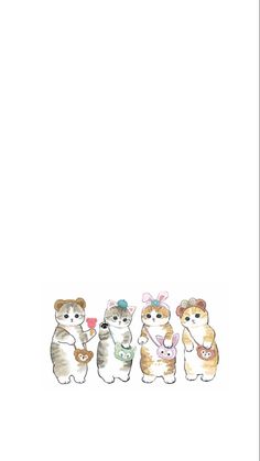 a group of cats standing next to each other in front of a white background with the words hello kitty on it