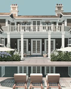 an artist's rendering of a large white house with pool and lawn chairs in front