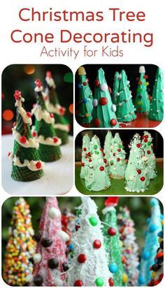 christmas trees made out of candy are shown in four different pictures, one is green and the other is red