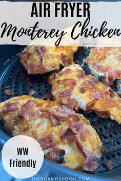 air fryer mozzarella chicken recipe with bacon on top and text overlay