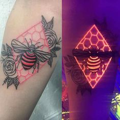 two different tattoos that have been done on the same person's arm and shoulder