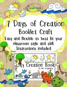 the book cover for 7 days of creation booklet craft with pictures of animals and trees