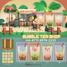 an advertisement for bubble tea shop with cartoon characters on the front and back sides, including two