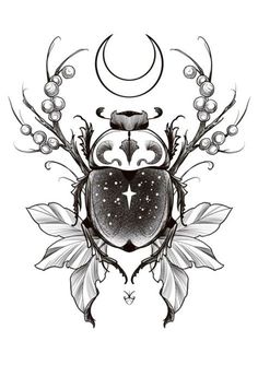 a black and white drawing of a bug with stars, moon and leaves on it