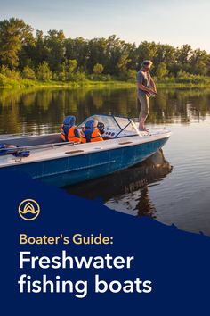 a man standing on the back of a blue boat