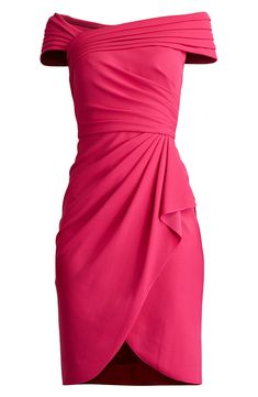 Pleats, ruching and ruffles work in elegant harmony to shape this sheath dress painted in a vibrant hue. 37" center front length (size Medium) Hidden back-zip closure Asymmetric neck Cap sleeves Lined 95% polyester, 5% spandex Dry clean Imported Pre-draped Ruched Sheath Dresses, Pink Ruched Dress With Asymmetrical Neckline, Fitted One-shoulder Dress With Folds, Fitted Pink Dresses With Folds, Fitted Pink Dress With Folds, Elegant Draped Dresses With Folds, Fitted Draped Dress With Folds, Asymmetrical Dresses With Folds, Fitted Pre-draped Dress With Folds