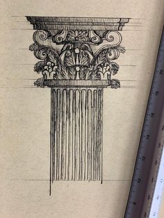 a pencil drawing of a vase with flowers and leaves on the top, next to a ruler