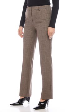 A high waist and plenty of pockets lend practical appeal to slim-fitting plaid pants perfect for sprucing up your weekday wardrobe. 32" inseam; 16 1/2" leg opening; 10 3/4" front rise; 14" back rise (size 8) Zip fly with hook-and-bar closure Front slant pockets; back welt pockets 62% polyester, 33% viscose, 5% elastane Dry clean Imported Full Length Bottoms For Fall Business Occasions, Business Pants For Fall, Business Casual Pants With Welt Pockets For Fall, Plaid Bottoms For Business In Fall, Elegant Plaid Pants For Business Casual, Classic Houndstooth Pants For Business Casual, Elegant Plaid Business Casual Pants, Tailored Houndstooth Bottoms For Fall, Elegant High-waisted Plaid Pants