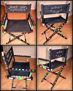 four different pictures of a chair made out of crayons and chalkboard with writing on it