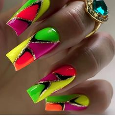 24 Count Press On Nails Long ,Neon Geometric Design Comes With Jelly Glue And Nail File New Colorful Nail, Coffin Nails Long, Neon Nails, Nails Long, Eye Design, Fancy Nails, Diy Manicure, Nail Accessories