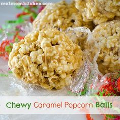 chewy caramel popcorn balls in plastic bags