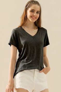 The V-Neck Short Sleeve T-Shirt is a timeless and versatile staple for your wardrobe. With its classic v-neckline and short sleeves, this t-shirt offers a simple style. Made from soft and comfortable fabric, it provides all-day comfort. Whether you pair it with jeans and sneakers for a casual look or tuck it into a skirt for a more polished ensemble, the V-Neck Short Sleeve T-Shirt is a versatile and essential piece that can be dressed up or down for any occasion. Embrace comfort and style with Classic Wardrobe Staples, Maxi Dress Formal, Denim Overalls, Formal Evening Dresses, Casual Look, Plus Size Tops, Stretchy Material, Simple Style, Sweater Hoodie