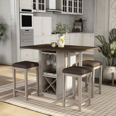 a kitchen table with two stools and a wine rack in the center surrounded by white cabinets