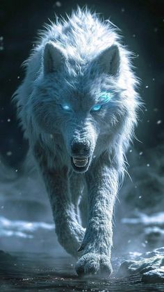 a white wolf with blue eyes running through the snow in front of a dark background