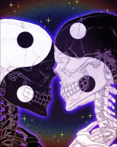 two skulls are facing each other in front of the moon