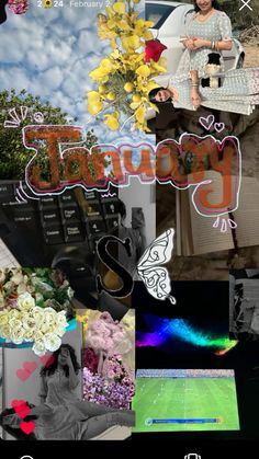 the collage is made up of many different pictures and words, including flowers, people's names, and photos