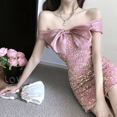 size: S, Color: Pink Feminine Off-shoulder Bodycon Party Dress, Glamorous Pink Off-shoulder Mini Dress, Glamorous Pink Knee-length Midi Dress, Feminine Mini Party Dress, Feminine Off-shoulder Dress For Night Out, Pink Sequined Knee-length Mini Dress, Spring Prom Bodycon Mini Dress, Spring Bodycon Prom Dress, Pink Dressy Mini Dress For Prom Season