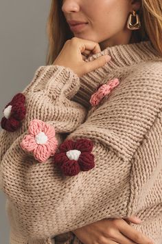 Susannah is simply a standout . With 3D knit flowers and an oh-so-plush touch, this cardigan sweater is guaranteed to garner cozy and cute compliments. What Makes It Great : Offered in only-at-Anthro colors, this 3D floral cardigan is equal parts comfortable, cozy, and soft. | The Susannah 3D Flower Cardigan Sweater by Anthropologie in Brown, Women's, Acrylic Flower Cardigan Crochet, Winter Cardigans, Cute Compliments, Knit Flowers, Winter Florals, Flower Cardigan, Crochet Idea, Flower Sweater, Crocheted Flowers