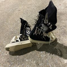 Fshbnz Rick Owens Ramon Mesh Highs Only One Pair Made Detailed With Large Spikes Large Studs Hand Sewn Custom Patches A Unique Pair For Your Collection Made By High End Metal Artist Fshbnz Size 38 = Size 7 - 7.5 Will Ship Day Of In Special Box Rick Owens Shoes, Custom Patches, Rick Owens, Black Cream, Hand Sewn, Hand Sewing, Men's Shoes, Shoe Boots, Size 7