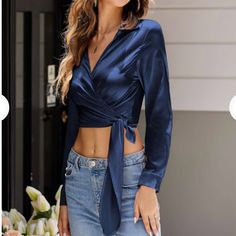 Size Xxl / 2x New With Tag Casual Wrap Top For Party, Blue Wrap Tops For Fall, Fitted Wrap Top For Date Night, Amazon V-neck Tops For Spring, Amazon V-neck Spring Tops, Chic Amazon Tops For Spring, Chic Spring Tops From Amazon, Blue Long Sleeve Blouse For Date Night, Casual Blue Top For Date Night