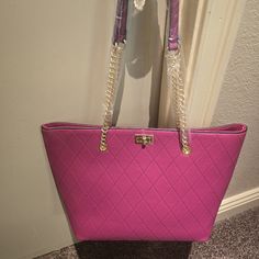 All Vegan Leather Deep Pink Tote. Chain Handles Measures 17" Opening X 13" Wide Bottom X12" Height Nwt Pink Tote, Deep Pink, Kurt Geiger, Womens Tote Bags, Vegan Leather, Handles, Chain, Leather, Pink