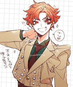 an anime character with red hair wearing a suit