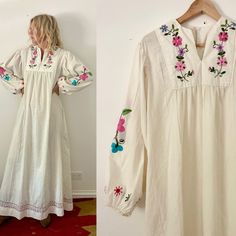 Beautiful hand embroidered White cotton maxi dress from the 70s  Size: Up to M See photos for measurements  Tag: none Condition: perfect vintage condition Spring Vintage Dress With Embroidered Hem, Multicolor Embroidered Cotton Maxi Dress, Spring Cotton Maxi Dress With Embroidery, Folk Style Embroidered Cotton Maxi Dress, Embroidered Cotton Folk Maxi Dress, Vintage Cotton Embroidered Dress For Spring, Spring Vintage Cotton Embroidered Dress, Vintage Dresses With Multicolor Embroidery For Spring, Vintage Cotton Dress With Floral Embroidery