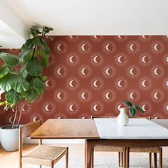 a dining room table with two chairs and a potted plant in front of it