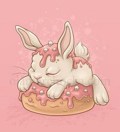 a cartoon bunny sitting on top of a donut covered in icing