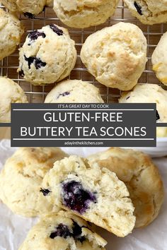 blueberry muffins on a cooling rack with the text gluten - free buttery tea scones