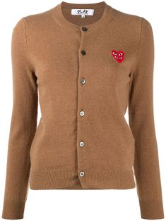 brown wool round neck front button fastening embroidered logo long sleeves straight hem Heart Cardigan, Crew Neck Cardigan, Logo Knit, Comme Des Garcons Play, Cable Knit Cardigan, Double Heart, Knitwear Design, Knitwear Cardigan, Wool Cardigan