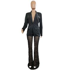 Luxury Blazer Jacket Beading Sheer Mesh Pants Set Luxury Sheer Pants For Party, Fall Bottoms With Rhinestones, Sheer Fitted Full-length Bottoms, Chic Full-length Sheer Bottoms, Luxury Sheer Fitted Pants, Luxury Sheer Long Sleeve Outerwear, Mesh Pants, Blazer Jacket, Pants Set