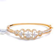 PRODUCT DETAILS Gold Purity(karat): 18k Item Weight(grams): 12.1 Item Finish: Rose + White Gold Stone: Diamond Diamond Weight(carats): 0.92 ct Diamond Color: F-G Diamond Quality: VS Diamond Shape: Round Brilliant Cut Bangle Size: 2.3 Bangle Opening: 2.2" ﻿Bangle Opening Shape: ﻿Oval Openable: Yes, Hinge + Clasp Elegant Diamond Flower Bracelet, Elegant Flower Shaped Wedding Bangle, Wedding Bangle In Yellow Gold With Brilliant Cut, Fine Jewelry Gold Diamond Wedding Bracelet, Wedding Brilliant Cut Yellow Gold Bangle, Wedding Yellow Gold Bangle With Brilliant Cut, Gold Diamond Bracelet With Single Cut Diamonds For Wedding, Wedding Gold Bracelet With Single Cut Diamonds, 18k Gold Bangle