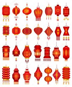 red lanterns hanging from the ceiling and in different shapes, with gold trimmings