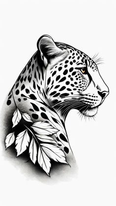 a black and white drawing of a leopard's head with leaves on the side