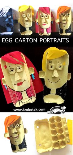 egg carton portraits are made to look like cartoon characters