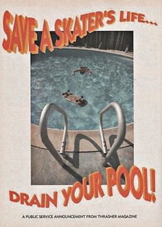 an advertisement for drain your pool with two people swimming in the pool and one person diving into the pool