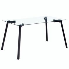 a glass table with metal legs on a white background